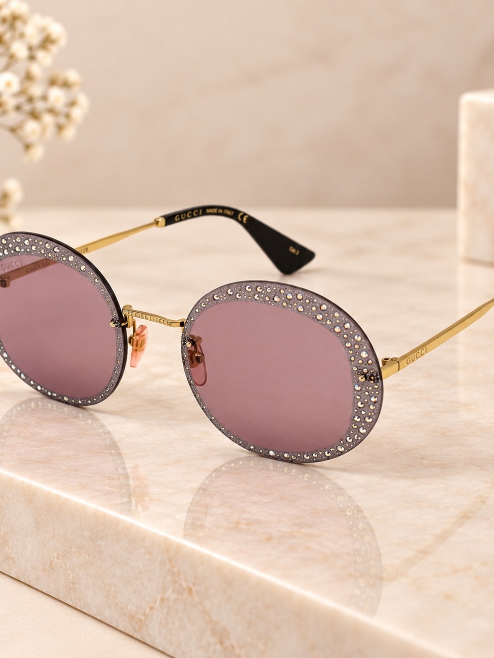 Gucci Gold-Arm Pink Lens Round Crystal Frame Sunglasses